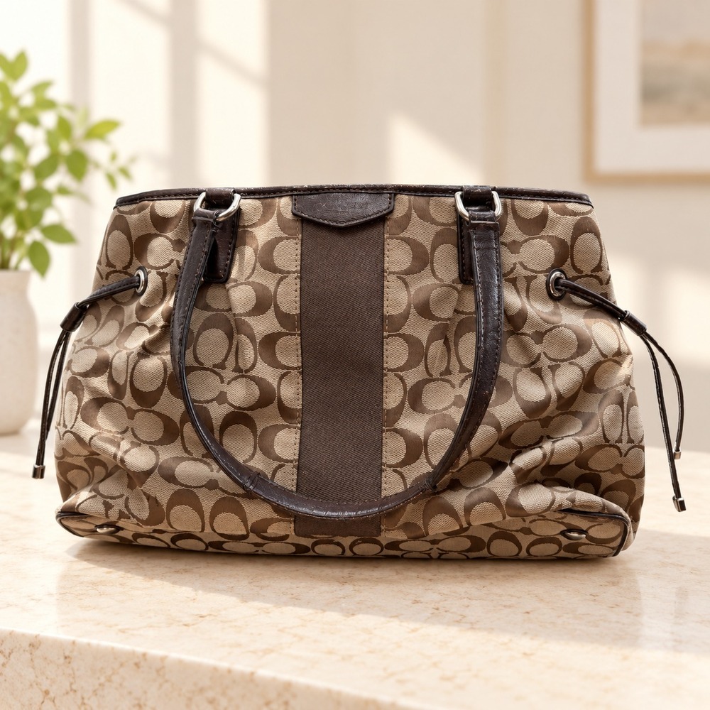 Coach Signature C Jacquard Shoulder Bag Brown Drawstring Side Large Tote Purse
